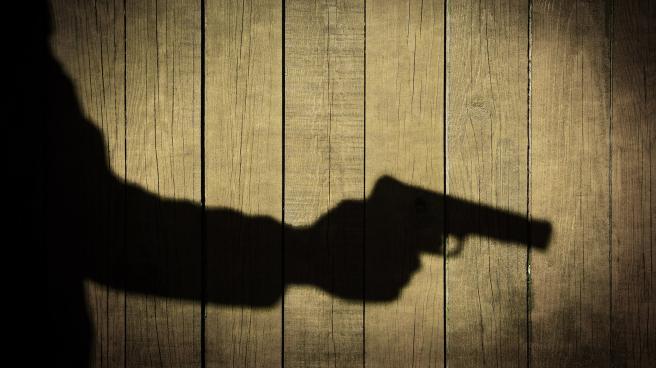 Shadow of a hand holding a gun against a wood-panelled wall